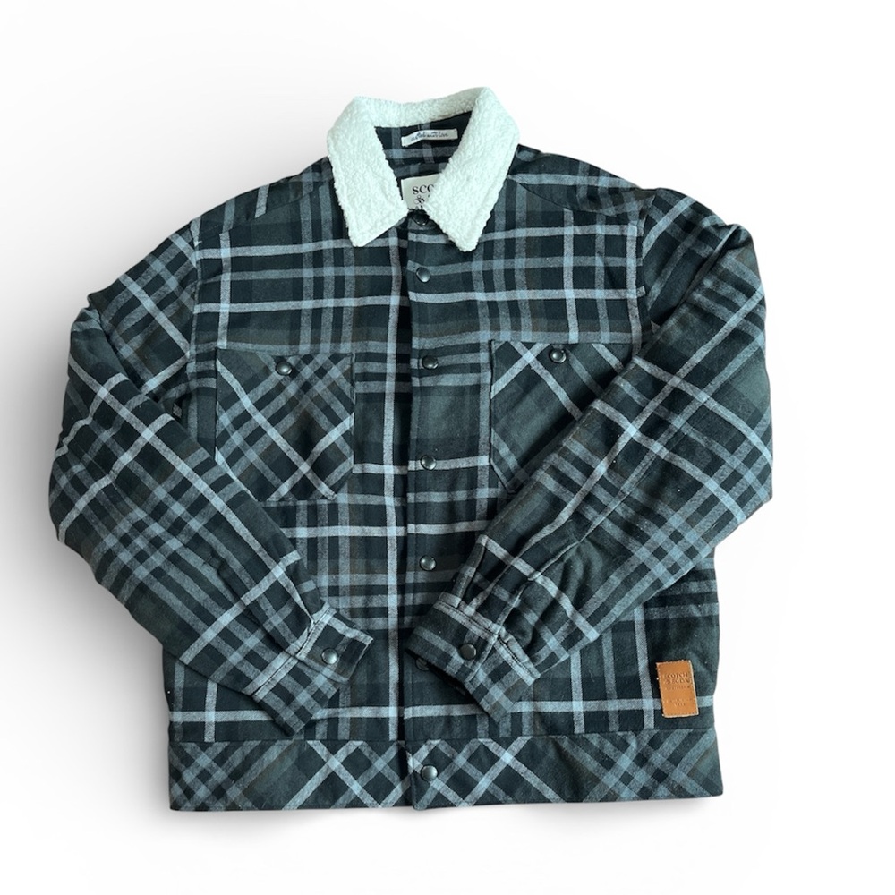 Scotch & Soda Sherpa lined plaid flannel Eisenhower jacket. Black/gray. SMALL